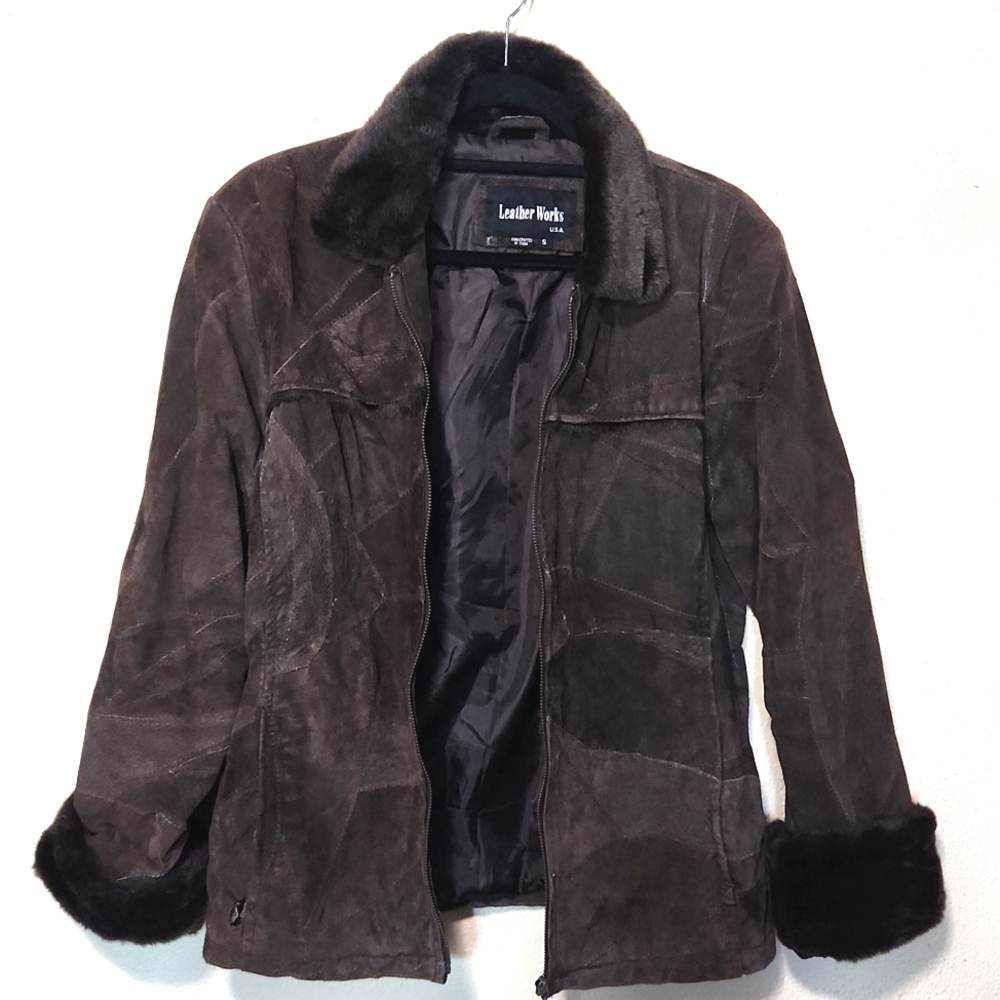 Leather Works Vintage Genuine Leather Patchwork Faux Fur Trim  Brown Size Small